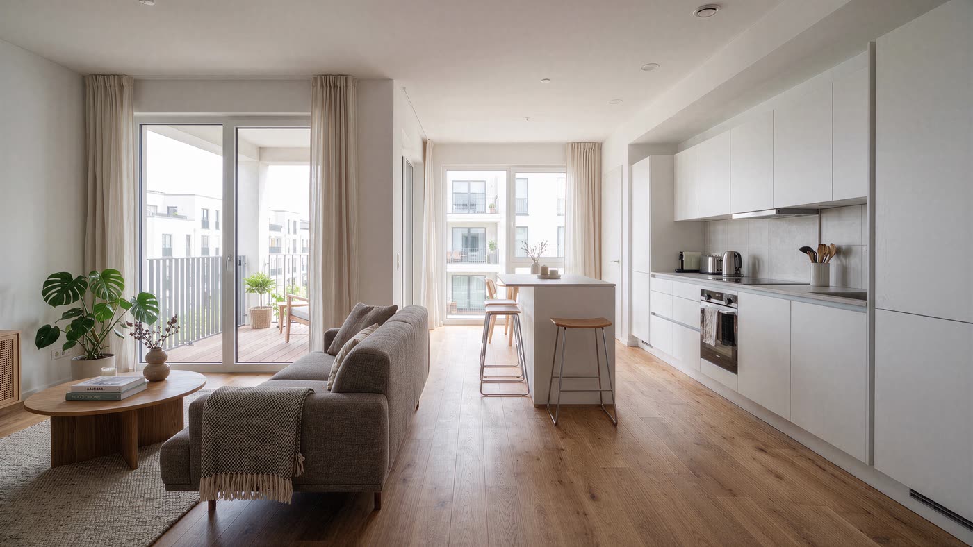 Wohnzimmer einer Neubauwohnung: Eichendielen, bodentiefe Fenster zum Balkon, offene Küche an der Seitenwand